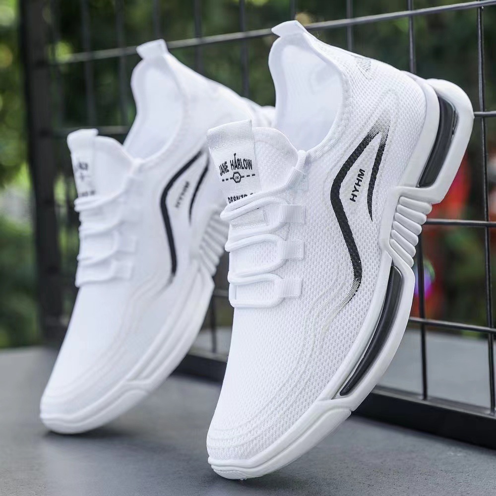 Foreign trade men's summer new sports shoes, anti slip and casual running shoes, fly woven breathable and comfortable white shoes wholesale
