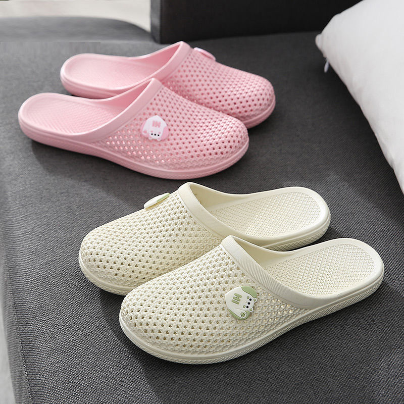 Summer New Flat Bottom Baotou Slippers for Women, Soft Bottom, Non slip, Indoor Bathroom, Beach, Casual Outerwear, Hollow out, Dragging