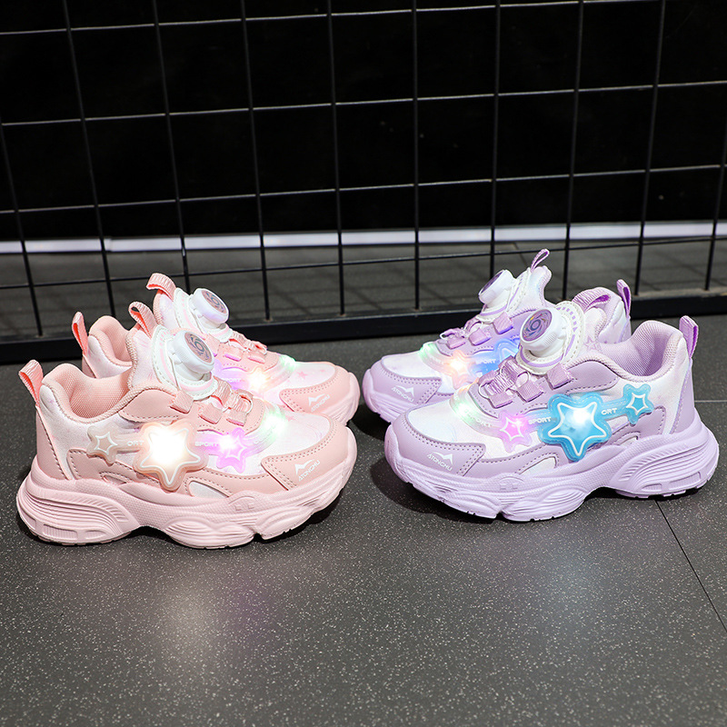 Girls' luminous shoes 2023 new button shoes, children's spring and autumn girls' sports shoes, real heart princess dad shoes