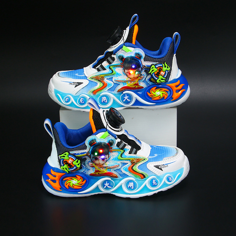 Children's shoes, boys' rotating button sports shoes, 2025 new illuminated summer and autumn mesh breathable children's running shoes