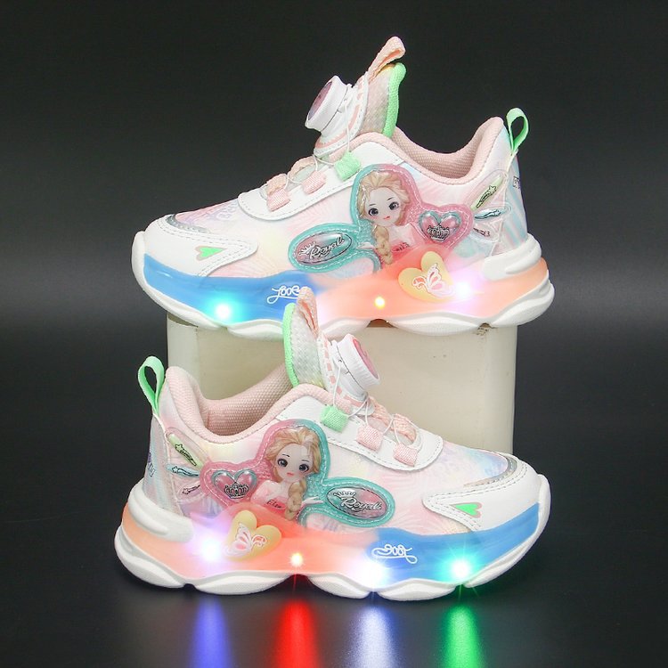 Light up girls' shoes 2023 new rotating buckle children's sports shoes, running shoes for middle and elementary school students, girls and babies