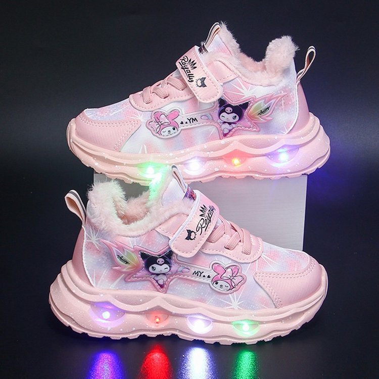 Kulomi Girls' Sports Shoes with Lights 2024 Autumn/Winter New Collection Children's Leather Face Middle and Small Children's Velvet Warm Running Shoes