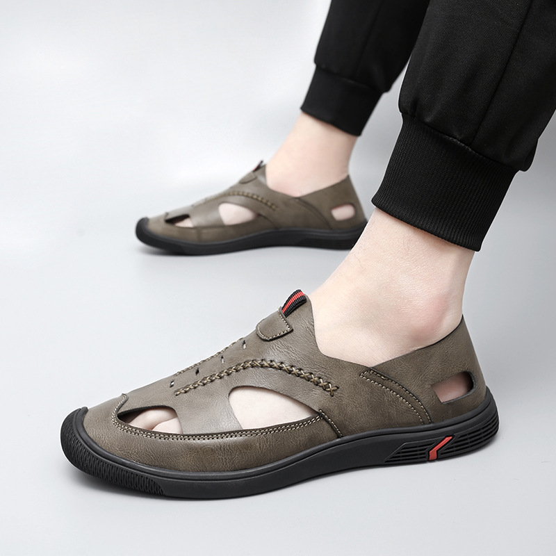 Cross border plus summer casual hollow out bean shoes for men, British casual breathable sandals, super fiber one foot driving shoes