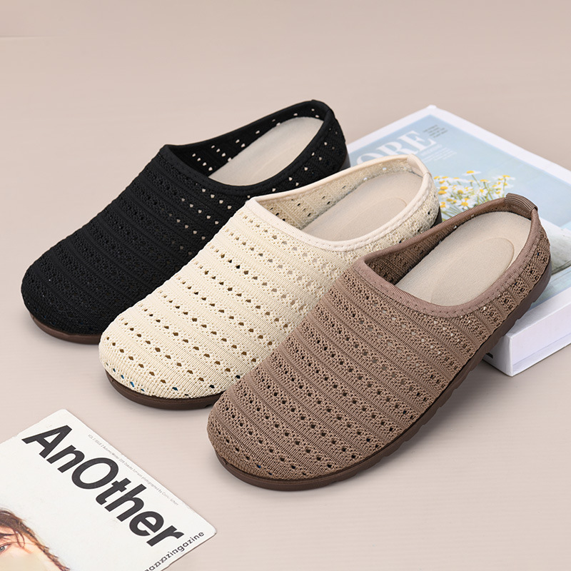 2025 Summer New Breathable Mesh Slippers Flat Heel Soft Bottom Comfortable One Step Style Versatile Breathable Half Slippers
