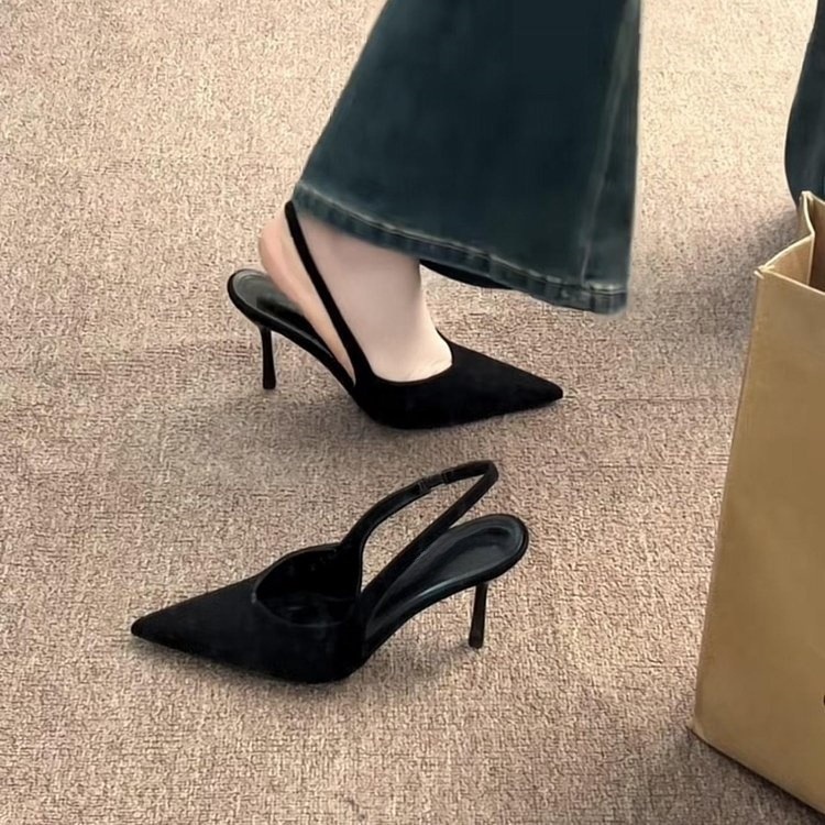 Two heights~French pointed leopard print high heels, toe sandals, women's spring and summer slim heels, suede back, empty single shoes Two heights~French pointed leopard print high heels, toe sandals, women's spring and summer slim heels, suede back, empty single shoes