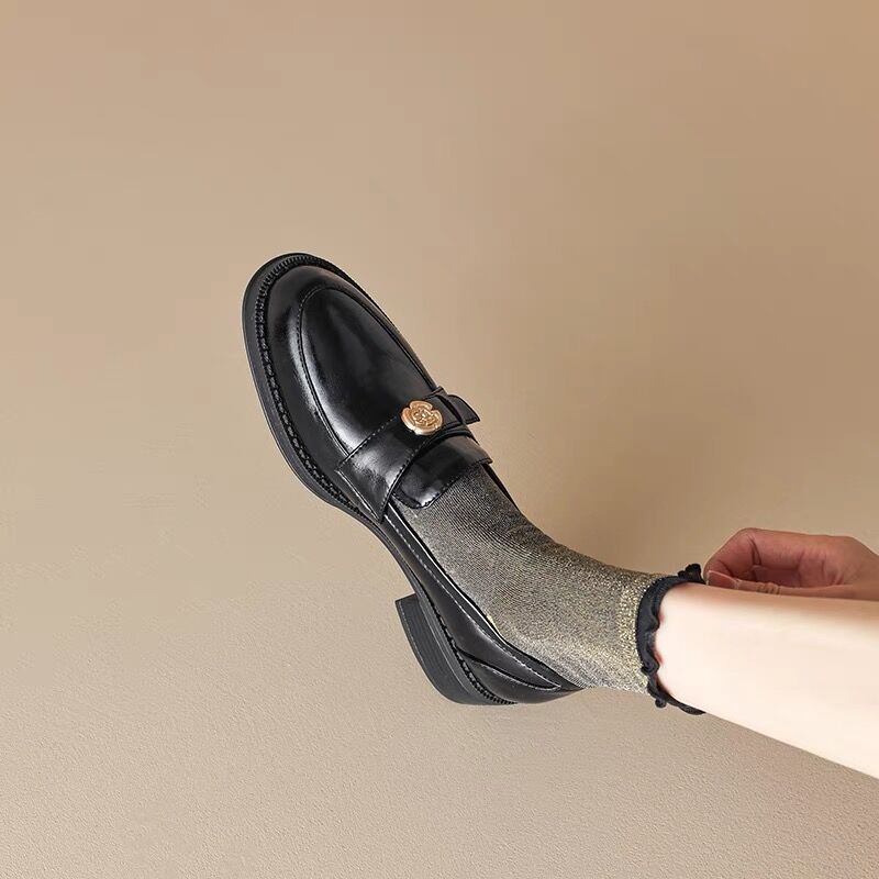 Left Bank Paris! Coarse heeled British gold buckle loafers for women, leather shoes, patent leather, black single shoes