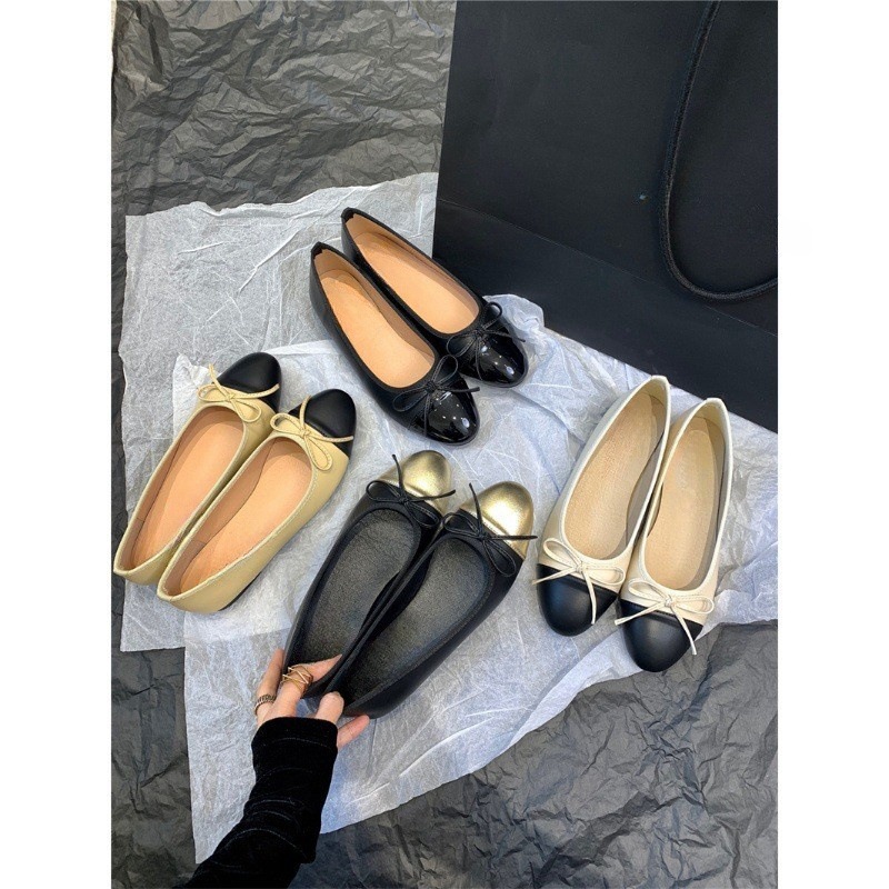 2024 new flat bottomed round toe bow ballet shoes with small fragrance, soft sole, light fairy style, one foot kick, color blocked single shoe 2024 new flat bottomed round toe bow ballet shoes with small fragrance, soft sole, light fairy style, one foot kick, color blocked single shoe