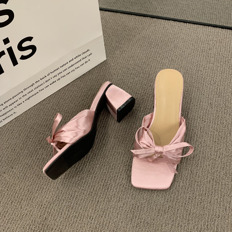 French high-end silk bow thick heel sandals for women's outdoor wear, 2023 new summer open toe high heels French high-end silk bow thick heel sandals for women's outdoor wear, 2023 new summer open toe high heels