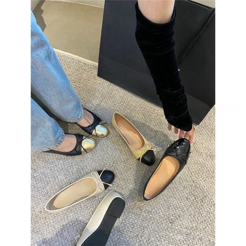 2024 new flat bottomed round toe bow ballet shoes with small fragrance, soft sole, light fairy style, one foot kick, color blocked single shoe 2024 new flat bottomed round toe bow ballet shoes with small fragrance, soft sole, light fairy style, one foot kick, color blocked single shoe