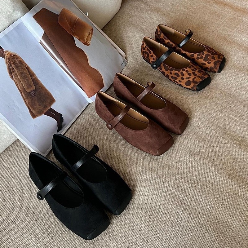 Retro suede leopard print square toe flat sole, versatile soft sole, one-piece belt, Mary Jane shoes