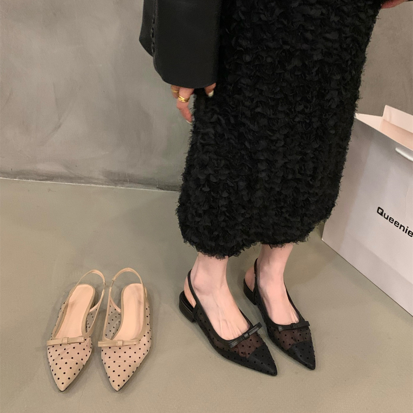 French low heel bow toe sandals with fairy shoes 2024 new summer mesh breathable flat sole single shoes