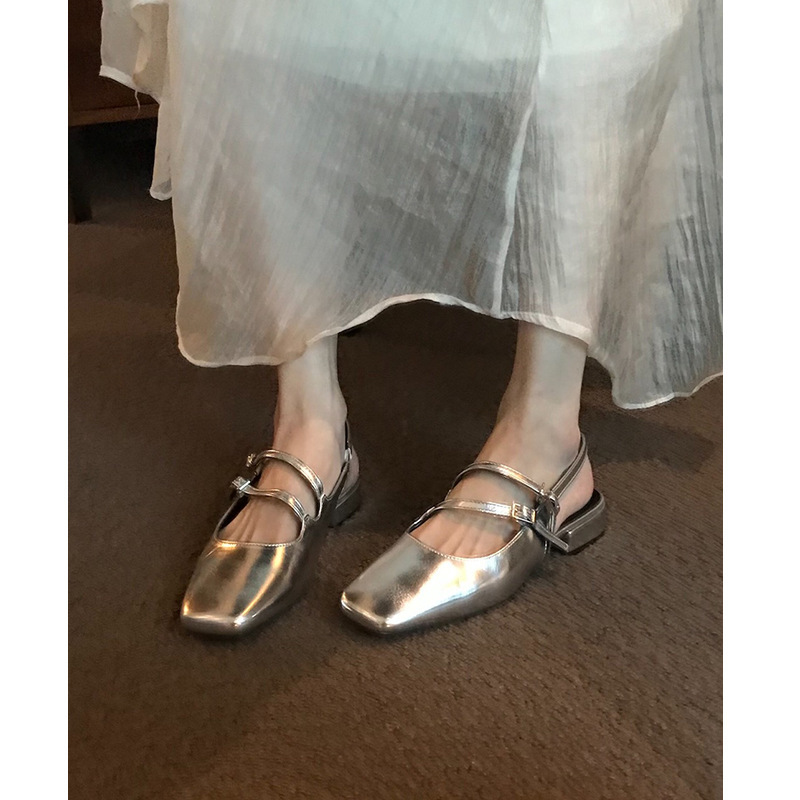 French style low heeled silver Mary Jane shoes with square toe and thick heel sandals, women's fairy style, evening style, empty single shoes