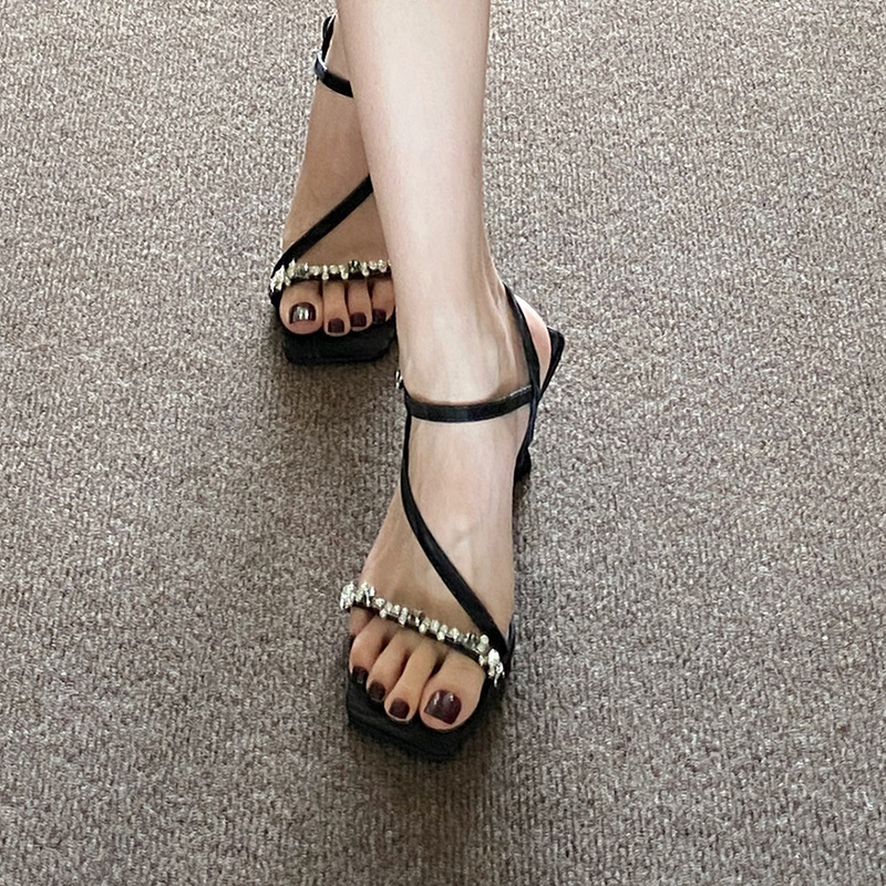 Sandals for women with a niche design, new black open toe rhinestone buckle with slim heels, summer high heels Sandals for women with a niche design, new black open toe rhinestone buckle with slim heels, summer high heels