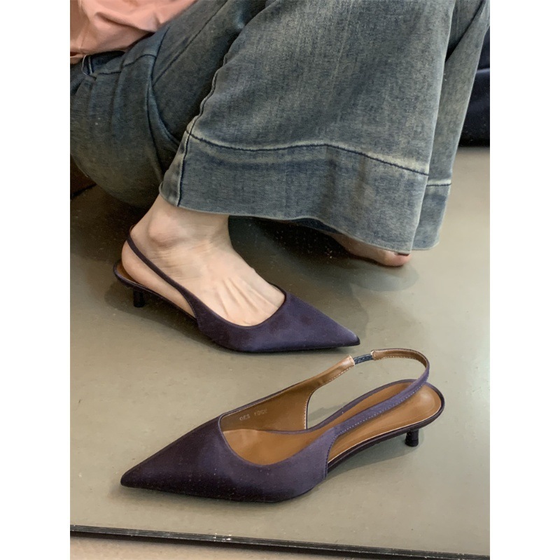Good temperament, wearing high heels for women, 2024 autumn French gentle and elegant purple pointed shallow mouth fine heeled toe sandals