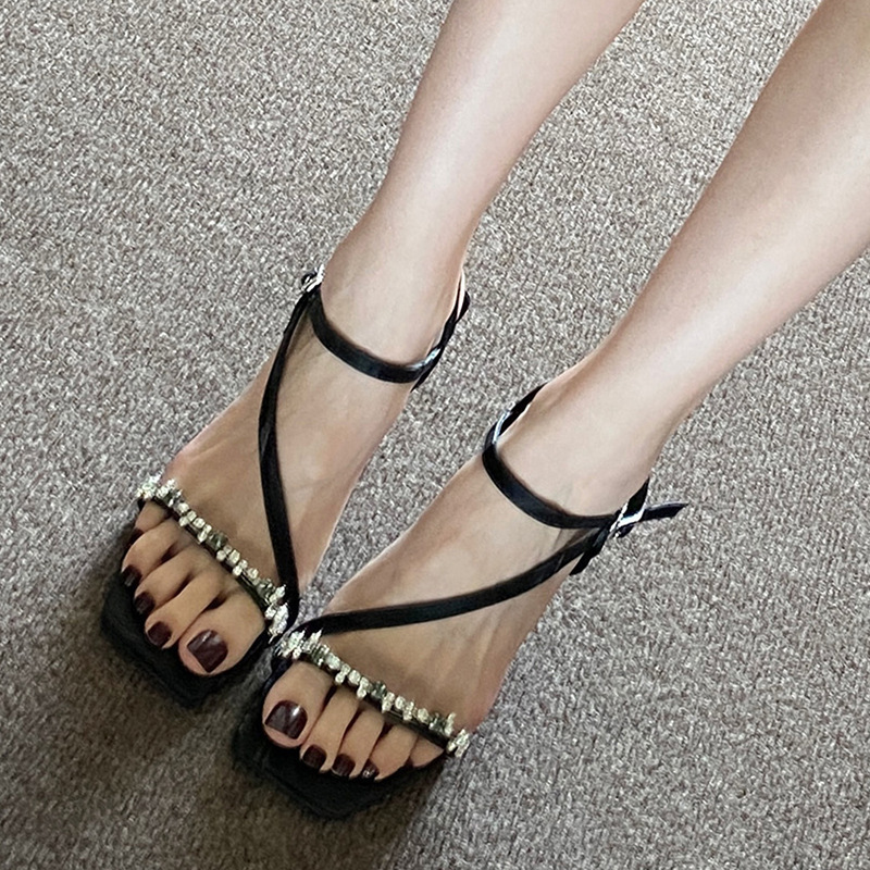 Sandals for women with a niche design, new black open toe rhinestone buckle with slim heels, summer high heels Sandals for women with a niche design, new black open toe rhinestone buckle with slim heels, summer high heels