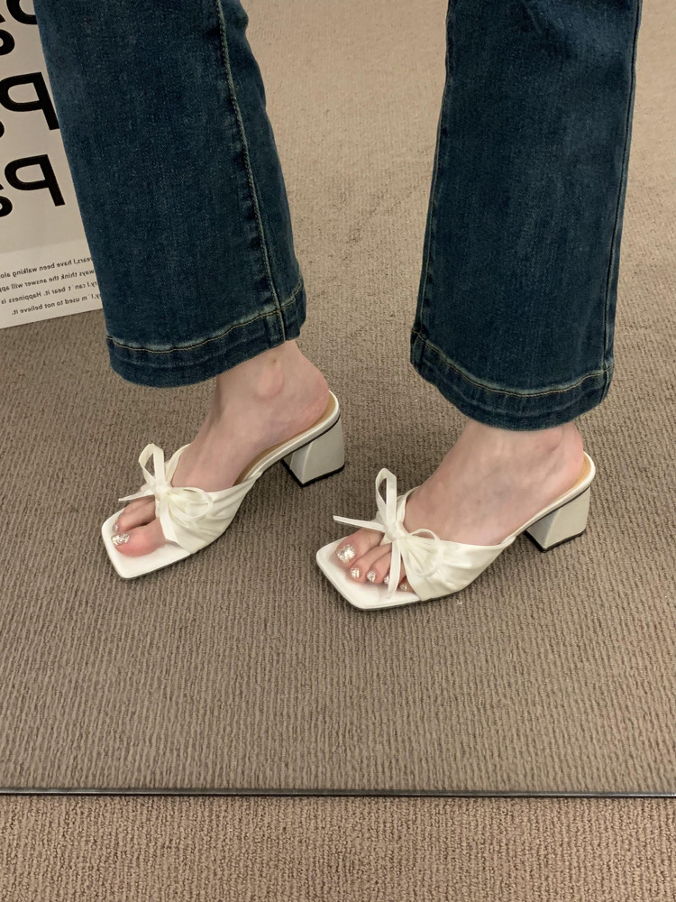 French high-end silk bow thick heel sandals for women's outdoor wear, 2023 new summer open toe high heels French high-end silk bow thick heel sandals for women's outdoor wear, 2023 new summer open toe high heels