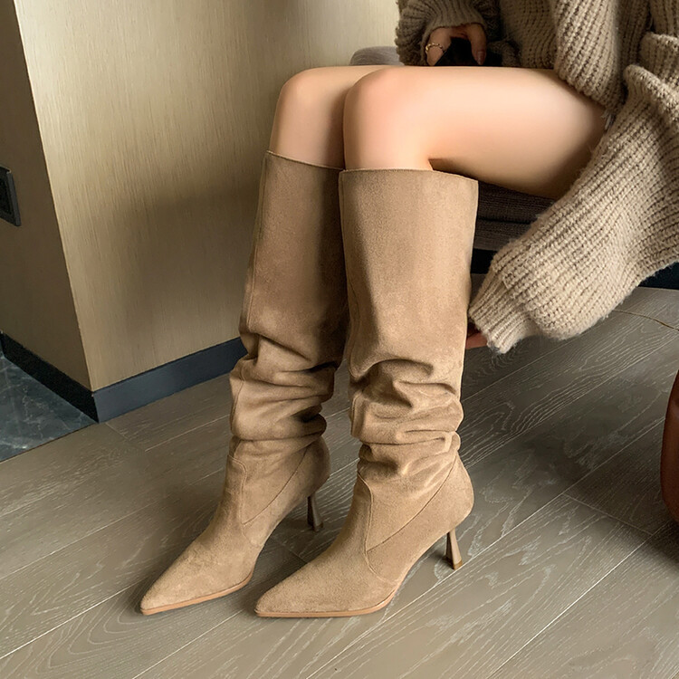 Large walled pile boots, pointed long boots, women's plus size, thin heels, high boots, high heels, thick legs, knee high boots