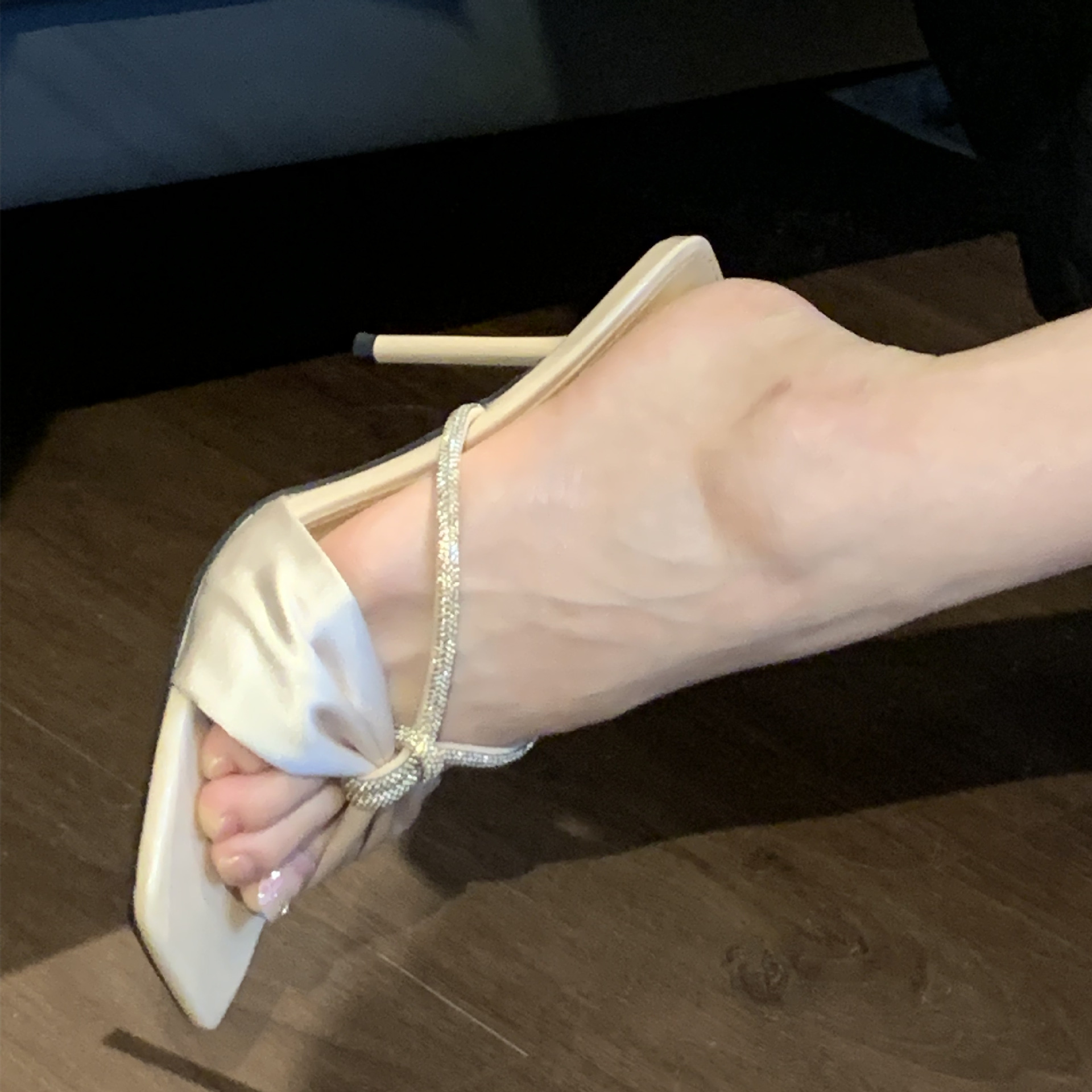 2025 Summer Square Head Bare Champagne Water Diamond Straight Strap High Heels Cool Sandals Thin Heels Half Slippers Outerwear Female 2025 Summer Square Head Bare Champagne Water Diamond Straight Strap High Heels Cool Sandals Thin Heels Half Slippers Outerwear Female