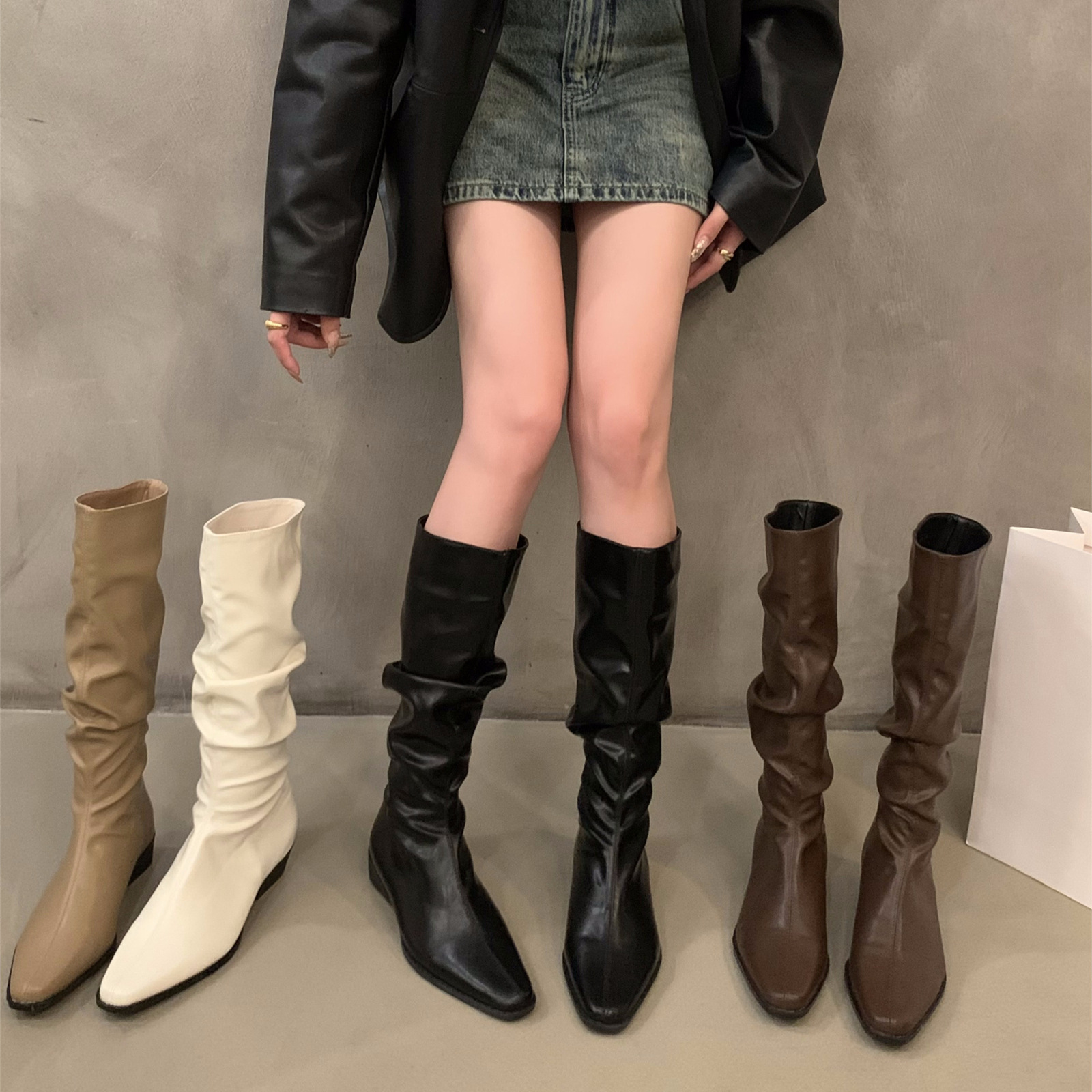 Coarse heeled wrinkled pile long knight boots women's shoes 2024 new spring and autumn western slim mid length boots