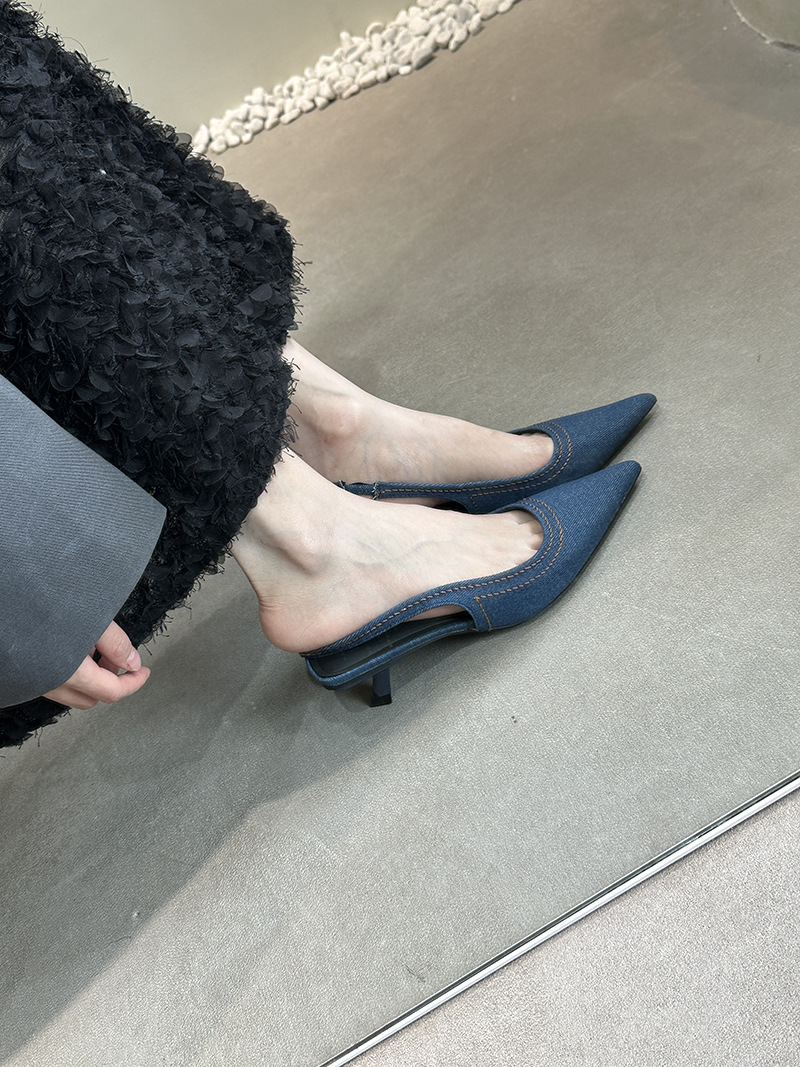 French style slim heeled pointed back empty sandals for women, fairy style single shoes, summer denim toe caps, cat heels, M ü ller high heels French style slim heeled pointed back empty sandals for women, fairy style single shoes, summer denim toe caps, cat heels, M ü ller high heels