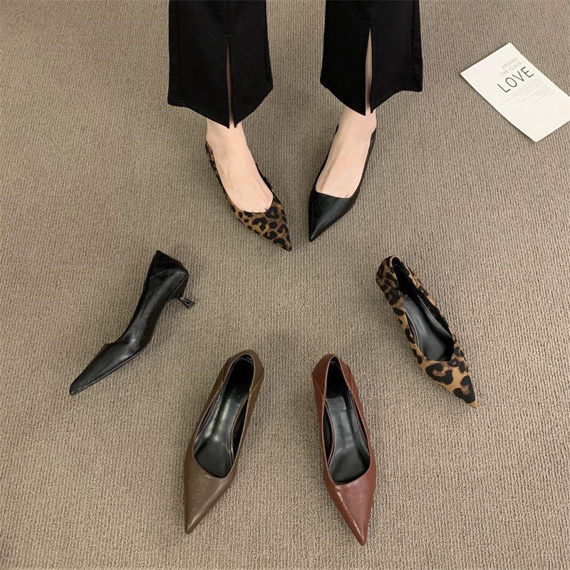 2024 autumn and winter new pointed shallow mouth high heels leopard print fashion versatile temperament commuting low heel kitten order shoes