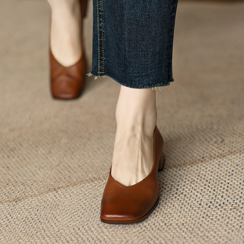 Low order women's 2023 spring new style simple French retro soft square toe thick heel women's shoes Low order women's 2023 spring new style simple French retro soft square toe thick heel women's shoes