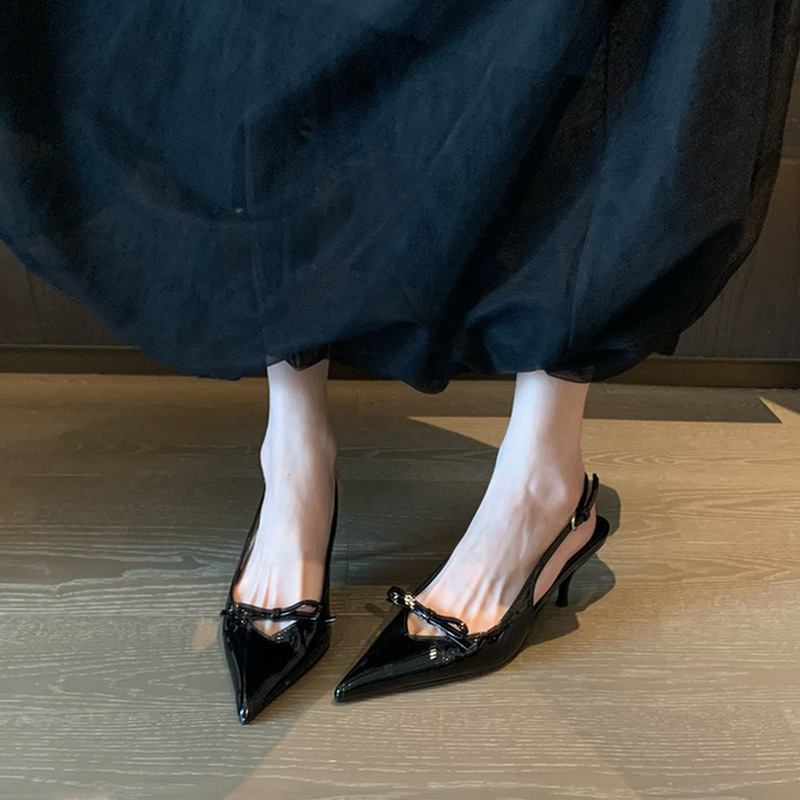 Fashionable essence! High heeled toe cap sandals for women 2024 new item bow black pointed thin heel with empty back temperament single shoe