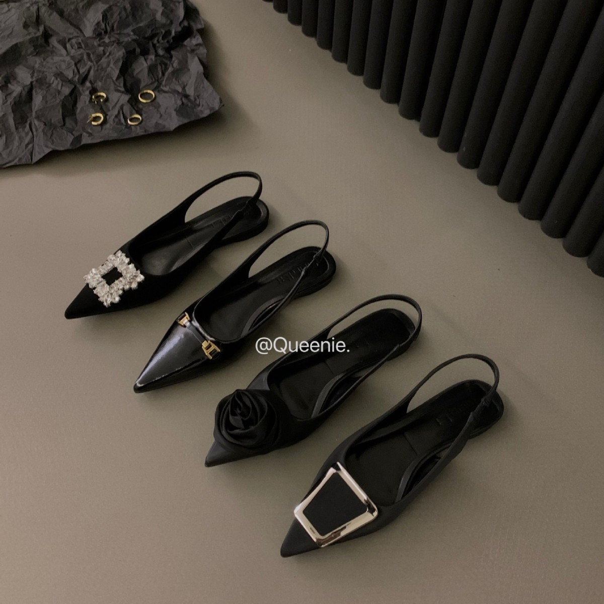 French flat black toe sandal fairy shoes 2025 new spring and summer pointed rhinestone temperament single shoe