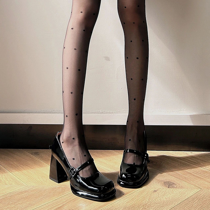 Show off long legs! French Mary Jane soft leather 2023 new square toe buckle with patent leather thick heel high heels