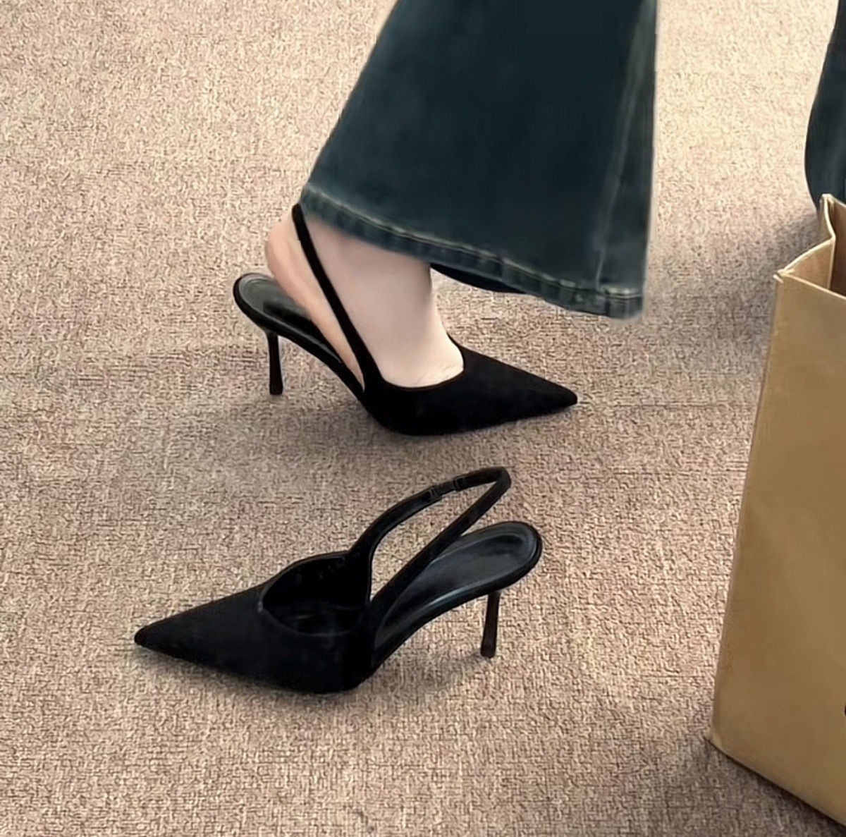 Two heights~French pointed leopard print high heels, toe sandals, women's spring and summer slim heels, suede back, empty single shoes Two heights~French pointed leopard print high heels, toe sandals, women's spring and summer slim heels, suede back, empty single shoes