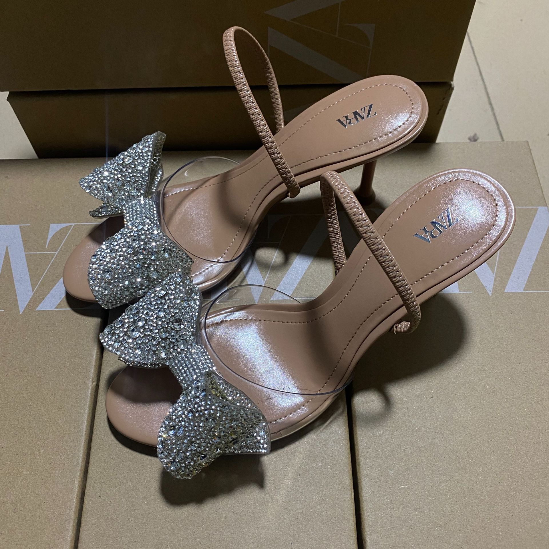 ZA rhinestone one-piece high-heeled sandals for summer 2025, new butterfly dew toe, slim heel, versatile sandals for outdoor wear ZA rhinestone one-piece high-heeled sandals for summer 2025, new butterfly dew toe, slim heel, versatile sandals for outdoor wear