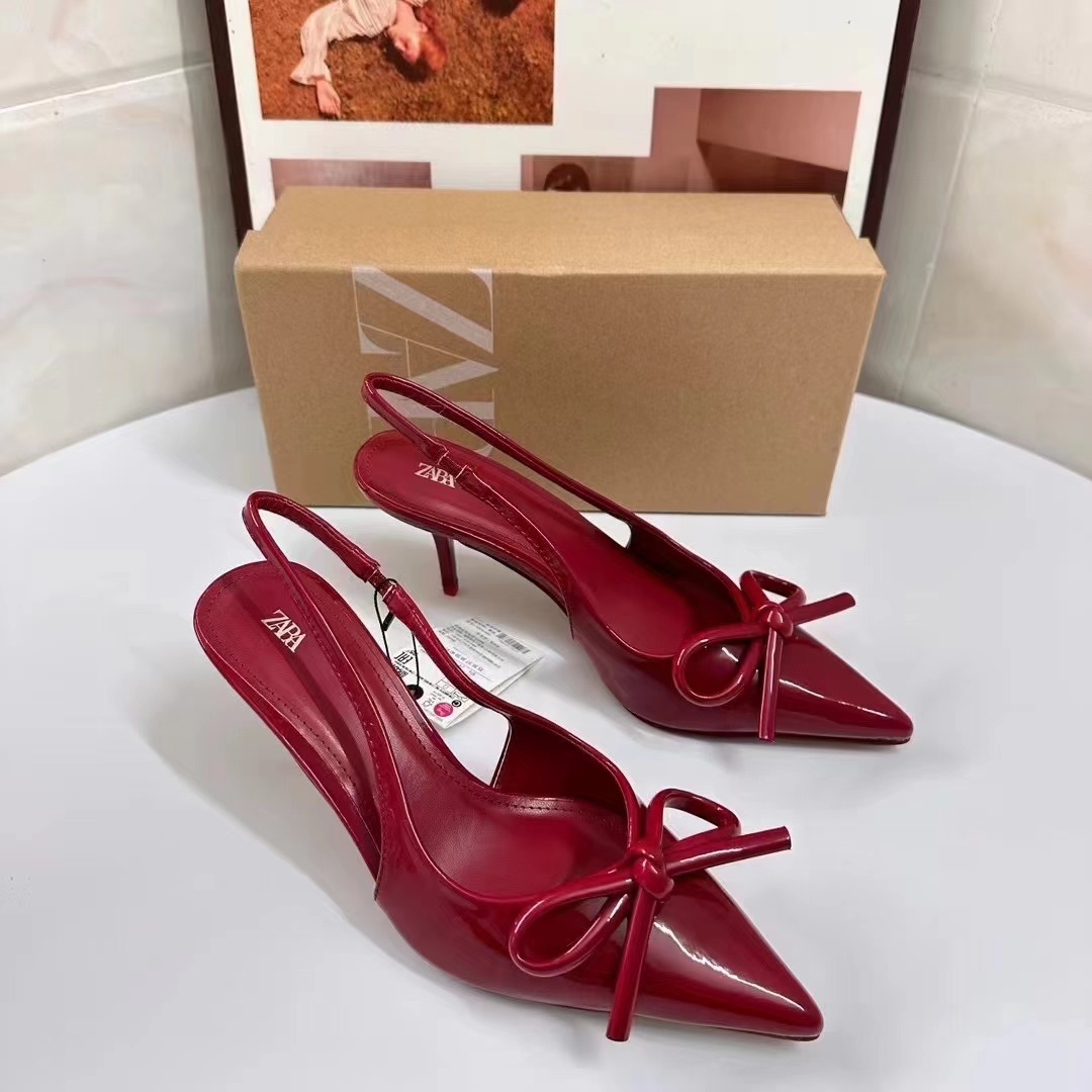 ZA2024 autumn hot selling new red patent leather bow decoration pointed high heels with a straight back empty toe cap sandals for women ZA2024 autumn hot selling new red patent leather bow decoration pointed high heels with a straight back empty toe cap sandals for women