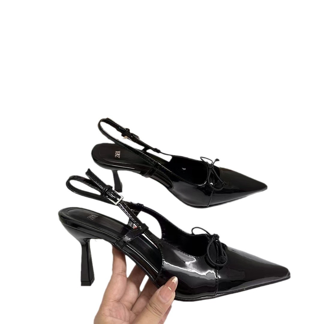 ZAKQ2024 Autumn New High Heels Black Lacquered Leather Bow Pointed Fine Heels Rear Tripping Strap Shallow Sandals for Women ZAKQ2024 Autumn New High Heels Black Lacquered Leather Bow Pointed Fine Heels Rear Tripping Strap Shallow Sandals for Women