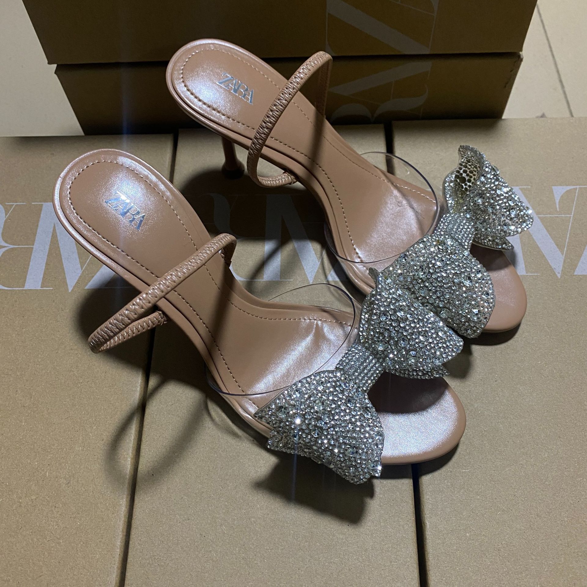 ZA rhinestone one-piece high-heeled sandals for summer 2025, new butterfly dew toe, slim heel, versatile sandals for outdoor wear ZA rhinestone one-piece high-heeled sandals for summer 2025, new butterfly dew toe, slim heel, versatile sandals for outdoor wear