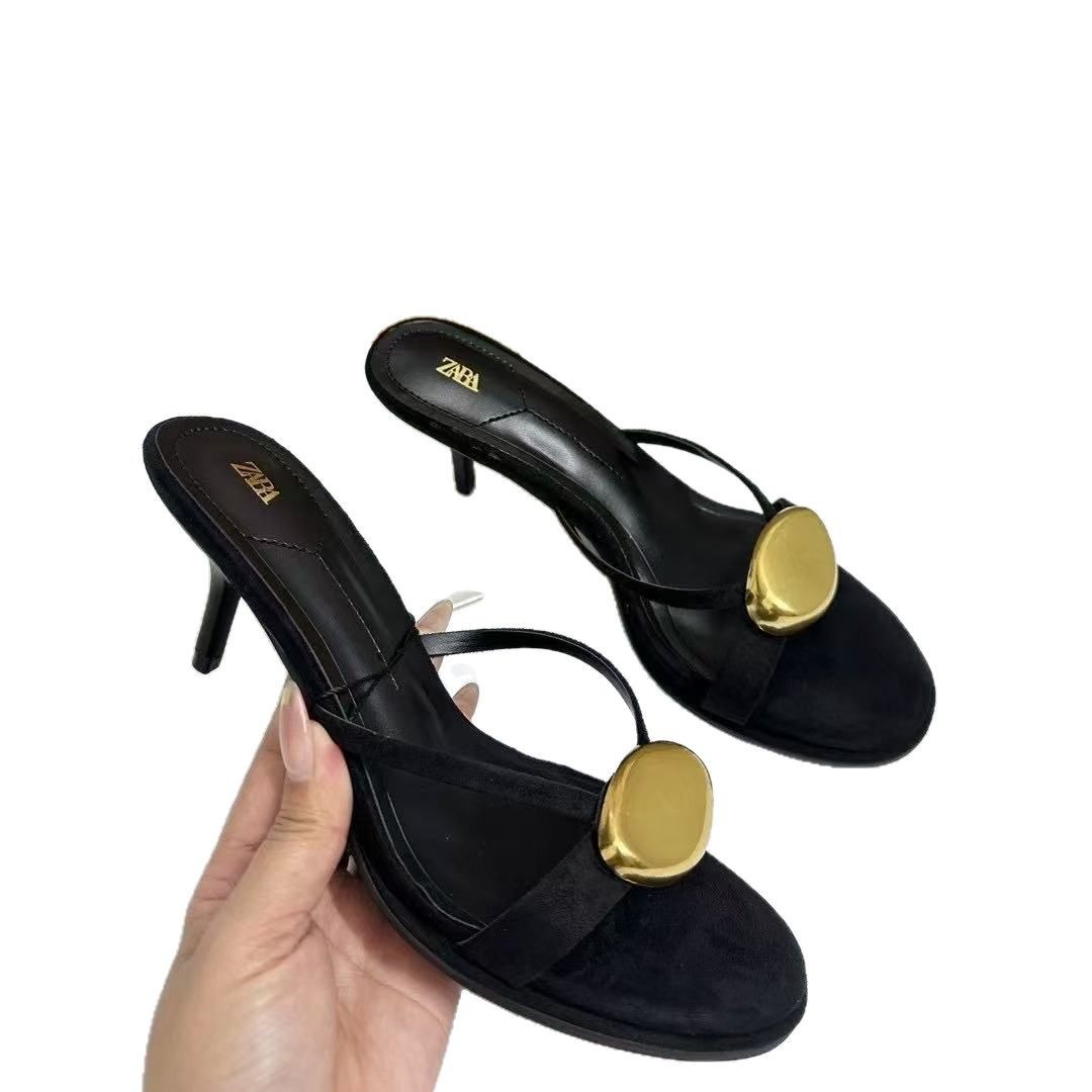 ZA2025 Spring New Women's Shoes Black Metal Detail Decoration Round Head Stiletto Sandals Elegant ZA2025 Spring New Women's Shoes Black Metal Detail Decoration Round Head Stiletto Sandals Elegant