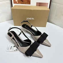 ZA2024 autumn and winter new color blocked patent leather bow decoration small fragrant style pointed shallow mouth heel party style sandals ZA2024 autumn and winter new color blocked patent leather bow decoration small fragrant style pointed shallow mouth heel party style sandals