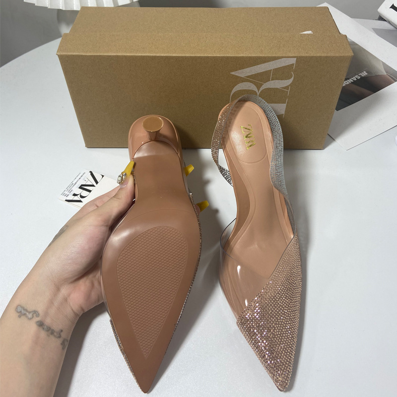ZA women's shoes 2024 new plus size women's shoes pointed rhinestone high heels PVC exposed heel strap high-heeled sandals for women ZA women's shoes 2024 new plus size women's shoes pointed rhinestone high heels PVC exposed heel strap high-heeled sandals for women