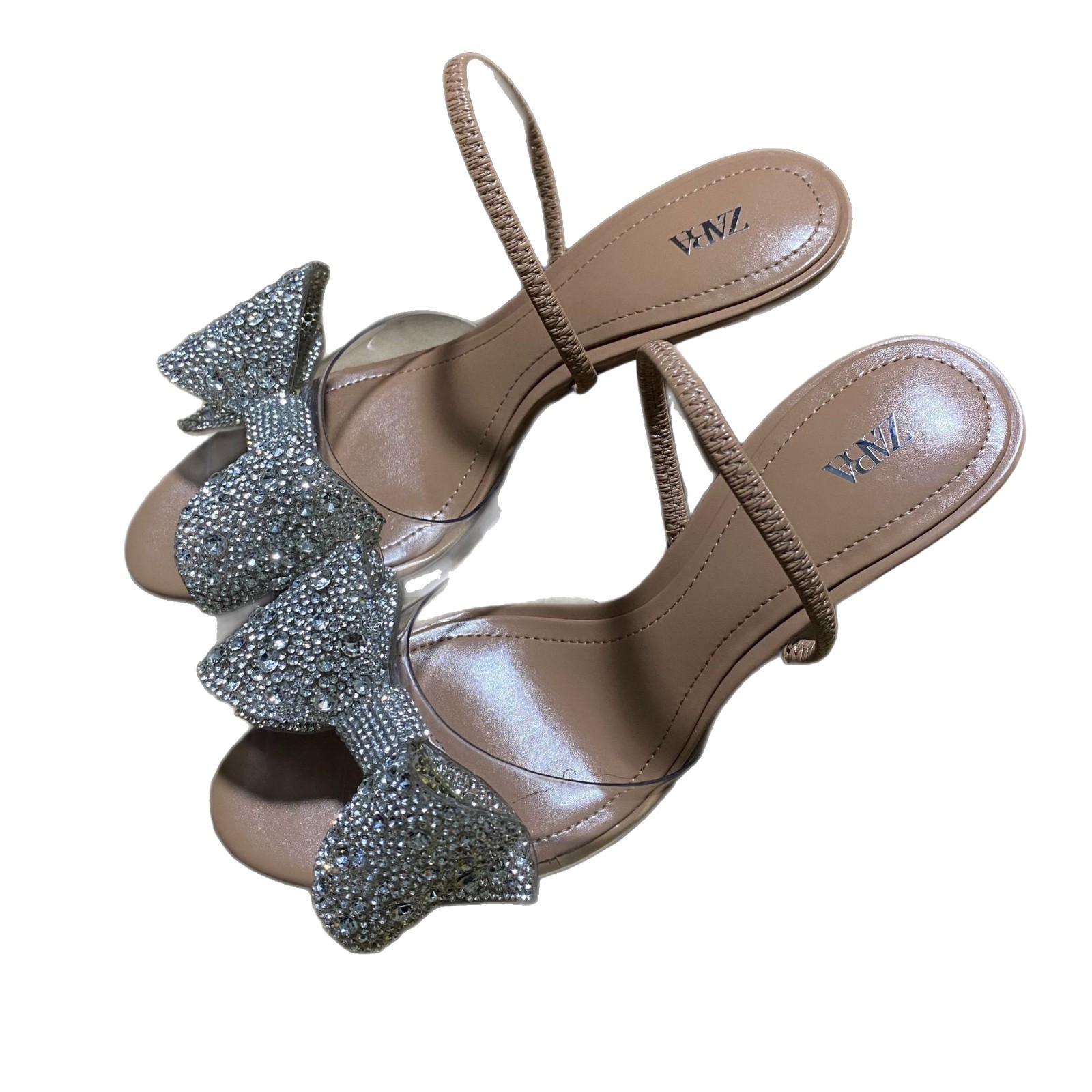 ZA rhinestone one-piece high-heeled sandals for summer 2025, new butterfly dew toe, slim heel, versatile sandals for outdoor wear ZA rhinestone one-piece high-heeled sandals for summer 2025, new butterfly dew toe, slim heel, versatile sandals for outdoor wear