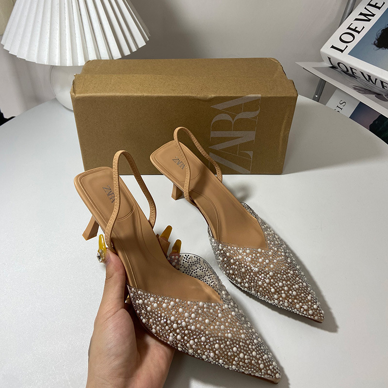 ZA High Heel Sandals 2024 New Summer Tip, Fine Heel, Shallow Mouth, Back Hollow Pearl Decoration, Back Strap, Headband, Women's Sandals ZA High Heel Sandals 2024 New Summer Tip, Fine Heel, Shallow Mouth, Back Hollow Pearl Decoration, Back Strap, Headband, Women's Sandals