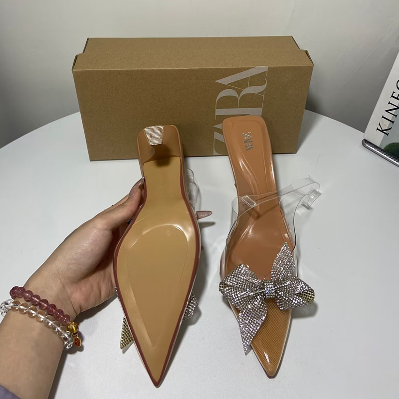 ZA2024 Spring/Summer Pointed Headtop Female High Heels Thin Heels Shallow Mouth Water Diamond Shining Decoration PVC Rear Strap Fashion Women's Sandals ZA2024 Spring/Summer Pointed Headtop Female High Heels Thin Heels Shallow Mouth Water Diamond Shining Decoration PVC Rear Strap Fashion Women's Sandals