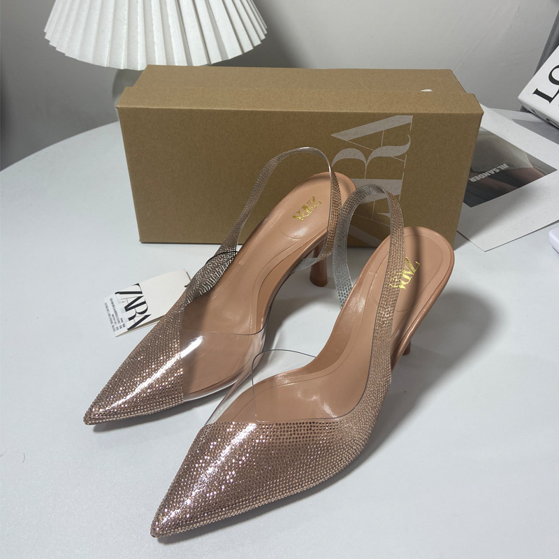 ZA women's shoes 2024 new plus size women's shoes pointed rhinestone high heels PVC exposed heel strap high-heeled sandals for women ZA women's shoes 2024 new plus size women's shoes pointed rhinestone high heels PVC exposed heel strap high-heeled sandals for women