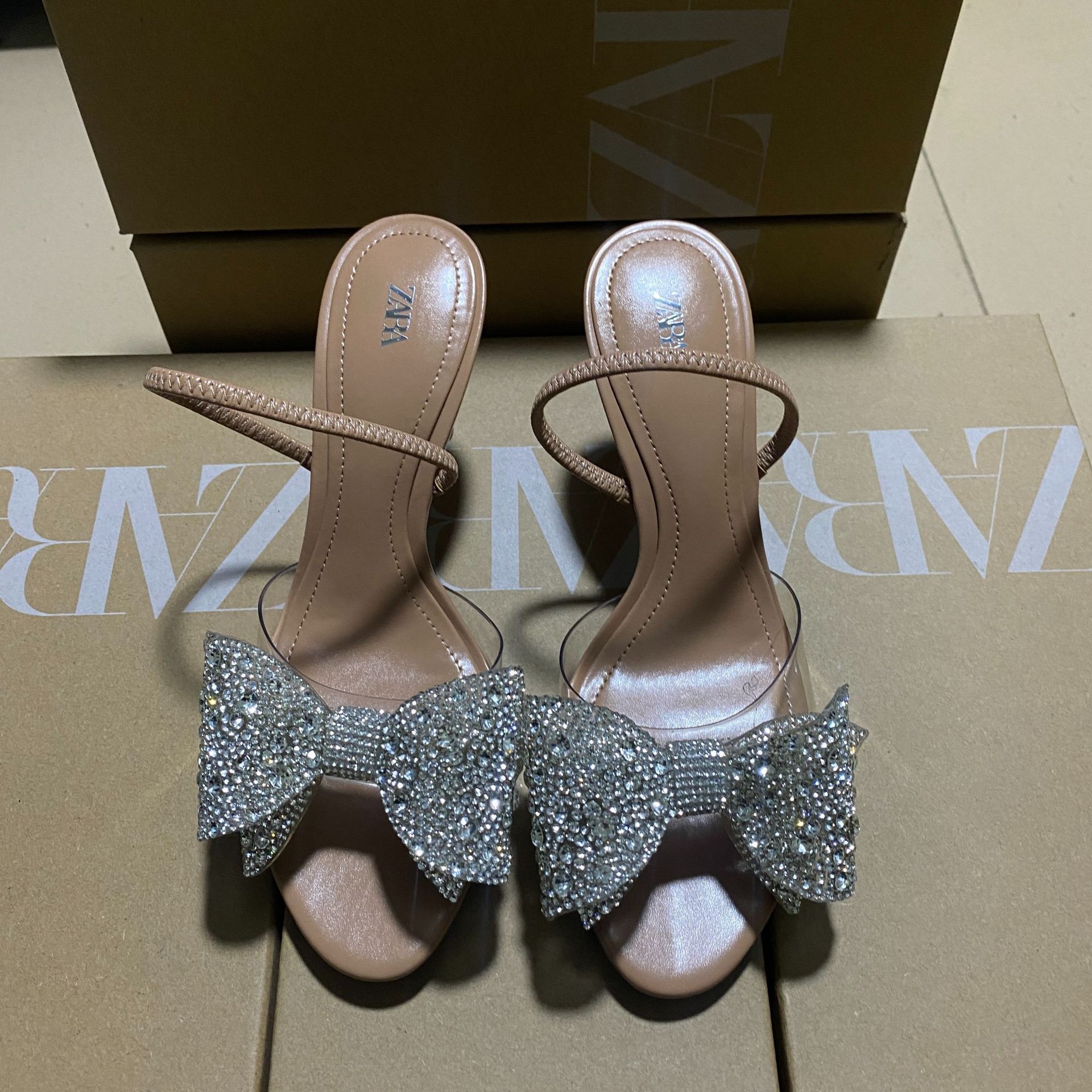 ZA rhinestone one-piece high-heeled sandals for summer 2025, new butterfly dew toe, slim heel, versatile sandals for outdoor wear ZA rhinestone one-piece high-heeled sandals for summer 2025, new butterfly dew toe, slim heel, versatile sandals for outdoor wear