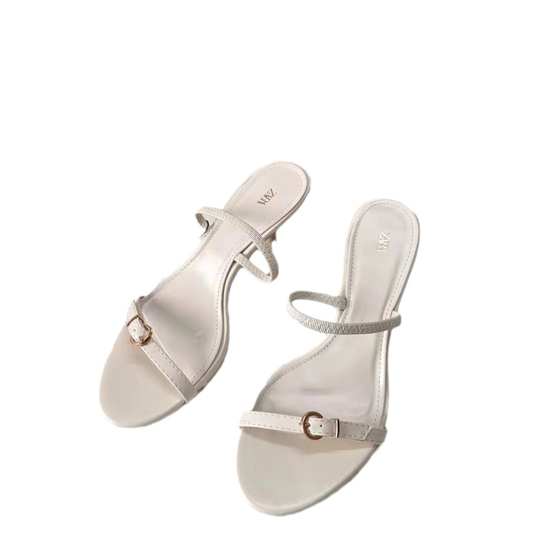 ZA High Heel Sandals 2024 Autumn New Style White Strap Round Head Metal Buckle Fashion Thin Heel Sandals for Women ZA High Heel Sandals 2024 Autumn New Style White Strap Round Head Metal Buckle Fashion Thin Heel Sandals for Women