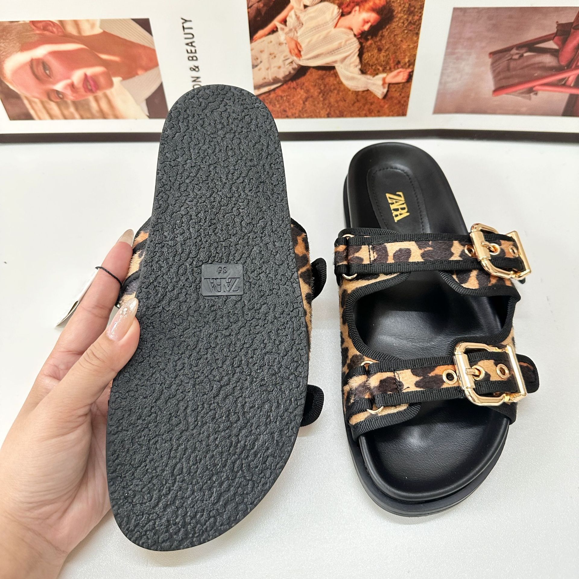 ZA Women's Shoes 2024 Summer New Product Fashion Foreign Trade Thick Bottom Leopard Pattern Metal Buckle Decoration Back Air Versatile Cool Slippers for Women ZA Women's Shoes 2024 Summer New Product Fashion Foreign Trade Thick Bottom Leopard Pattern Metal Buckle Decoration Back Air Versatile Cool Slippers for Women