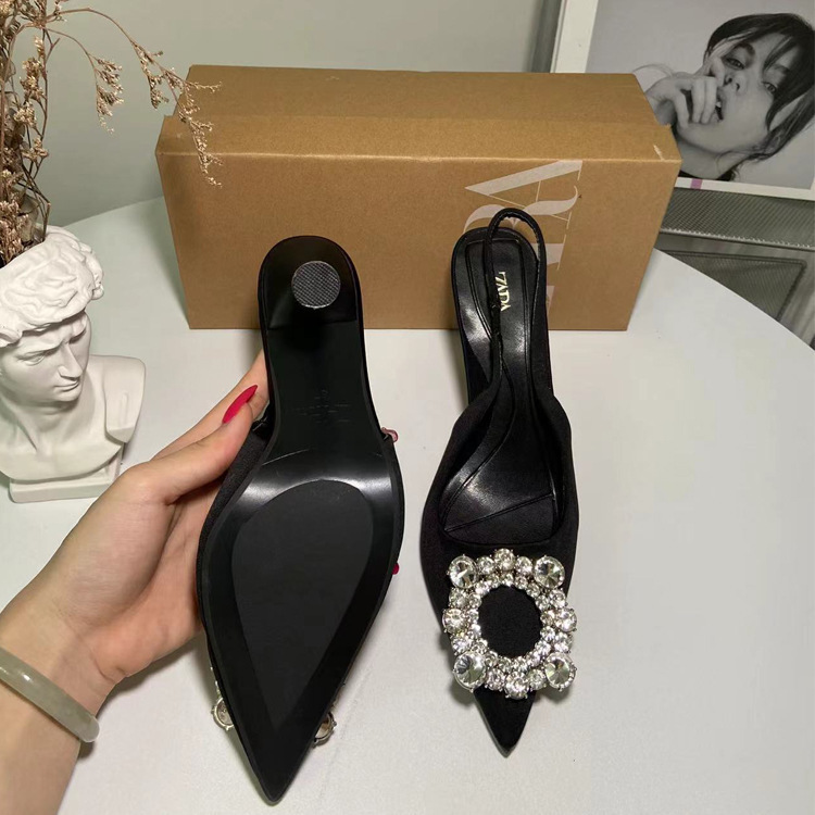 ZA High Heels 2024 Spring/Summer New Fashionable Versatile Women's Shoes Water Diamond Square Button Sandals Casual French Style Single Shoes ZA High Heels 2024 Spring/Summer New Fashionable Versatile Women's Shoes Water Diamond Square Button Sandals Casual French Style Single Shoes