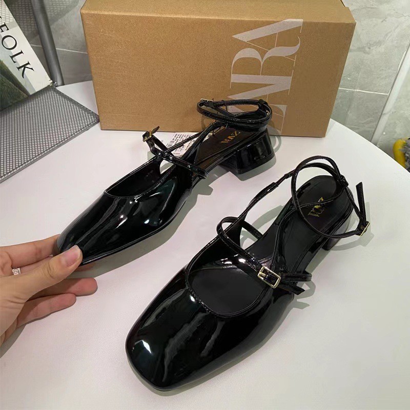 ZA Women's Shoes 2024 Autumn New Style Square Head Mary Jane Shallow Mouth Coarse Heel Low Follow Follow Shoes Back Strap Black Sandals for Women ZA Women's Shoes 2024 Autumn New Style Square Head Mary Jane Shallow Mouth Coarse Heel Low Follow Follow Shoes Back Strap Black Sandals for Women
