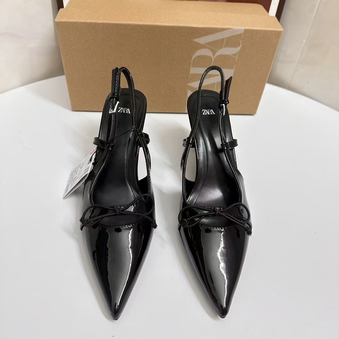 ZAKQ2024 Autumn New High Heels Black Lacquered Leather Bow Pointed Fine Heels Rear Tripping Strap Shallow Sandals for Women ZAKQ2024 Autumn New High Heels Black Lacquered Leather Bow Pointed Fine Heels Rear Tripping Strap Shallow Sandals for Women