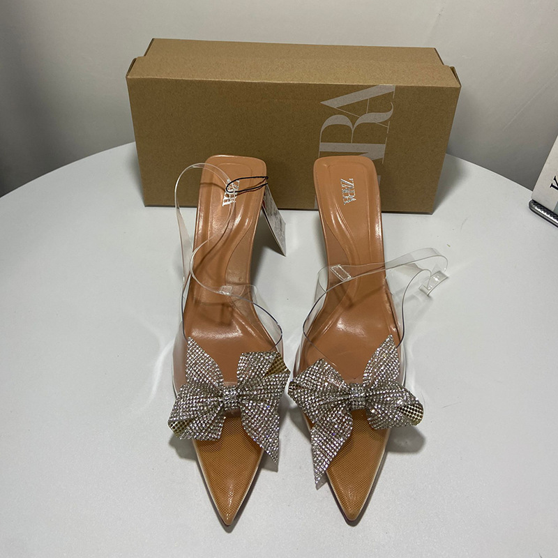 ZA2024 Spring/Summer Pointed Headtop Female High Heels Thin Heels Shallow Mouth Water Diamond Shining Decoration PVC Rear Strap Fashion Women's Sandals ZA2024 Spring/Summer Pointed Headtop Female High Heels Thin Heels Shallow Mouth Water Diamond Shining Decoration PVC Rear Strap Fashion Women's Sandals