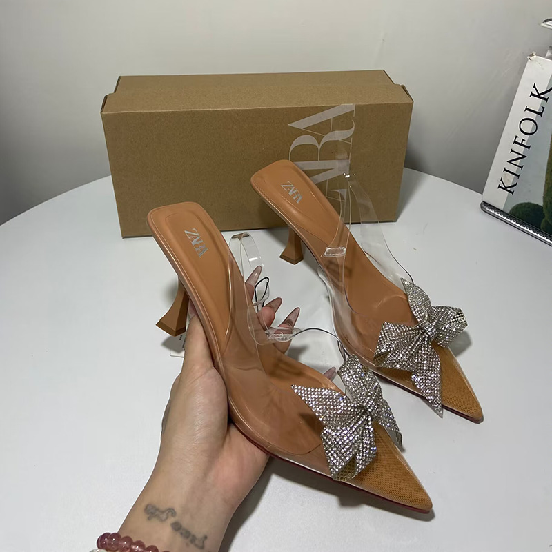 ZA2024 Spring/Summer Pointed Headtop Female High Heels Thin Heels Shallow Mouth Water Diamond Shining Decoration PVC Rear Strap Fashion Women's Sandals ZA2024 Spring/Summer Pointed Headtop Female High Heels Thin Heels Shallow Mouth Water Diamond Shining Decoration PVC Rear Strap Fashion Women's Sandals