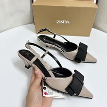 ZA2024 autumn and winter new color blocked patent leather bow decoration small fragrant style pointed shallow mouth heel party style sandals ZA2024 autumn and winter new color blocked patent leather bow decoration small fragrant style pointed shallow mouth heel party style sandals